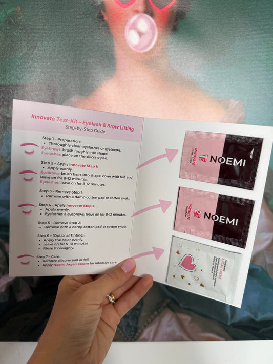 NOEMI Innovate Test Kit - Step 1 + Step 2 + Argan Creme | Set Monodoze Laminare Coreeană Gene și Sprâncene (3 x 1 ml)
